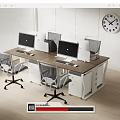 Modern Office Desk Setup With Two Computer Monitors Mesh Office Chairs Drawers And Wall Clock 3d model