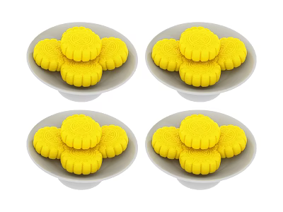 Traditional Yellow Round Patterned Mooncakes Arranged Neatly In Four White Plates 3d model