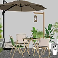 Outdoor Table and Chair Set with Umbrella and Green Plants in Natural Setting