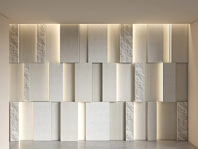Modern Textured Background Wall with Light Colored Panels and Various Surface Patterns in Contemporary Design 3d model