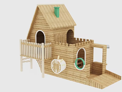 Outdoor Wooden Cottage Playhouse With Round Windows Green Chimney Fence Slide And Balcony 3d model