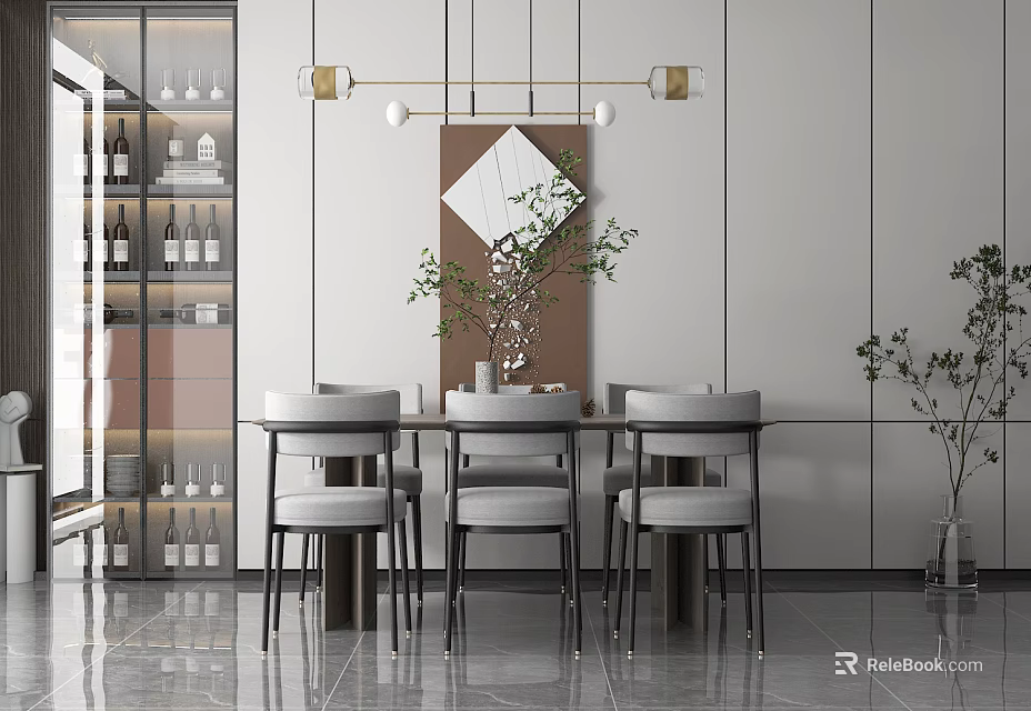 Modern Dining Table Set With Gray Chairs Hanging Lights And Green Plant 3d model