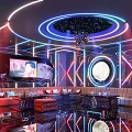 Luxurious KTV Interior With Neon Lights Moon Background Large Screen And Wine Glasses