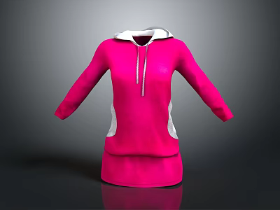 Pink Hoodie Dress With White Hood Long Sleeves Casual Fashion Style Outfit 3d model