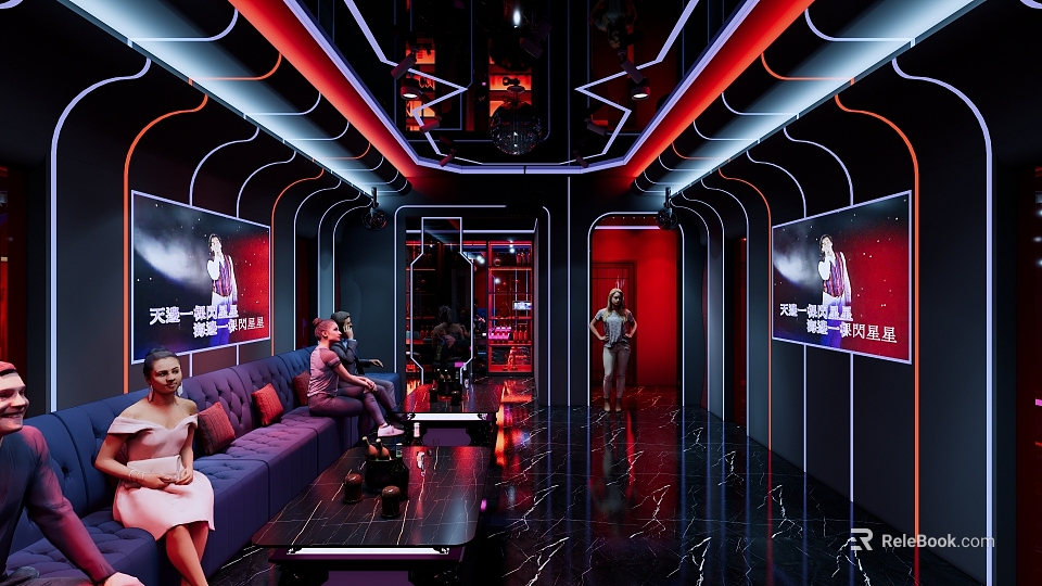 Modern KTV Interior Design With Red Lighting Sofa Seating And Large Screens 3d model 