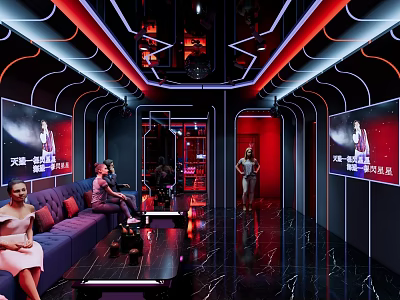 Modern KTV Interior Design With Red Lighting Sofa Seating And Large Screens 3d model