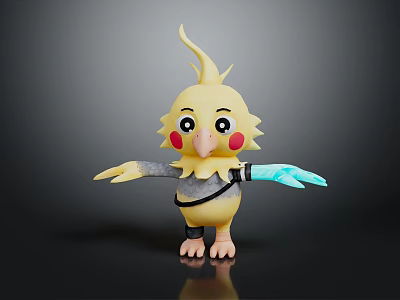 Cute Yellow Bird Game Movie Character With Red Cheeks Gray Outfit And Blue Mechanical Arm 3d model