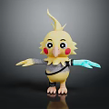 Cute Yellow Bird Game Movie Character With Red Cheeks Gray Outfit And Blue Mechanical Arm
