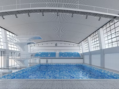 Indoor Swimming Pool With Diving Platform Blue Seats Modern Ceiling And Large Windows 3d model