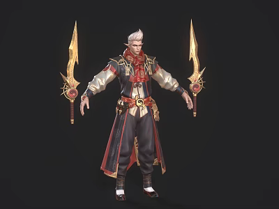 Fantasy Man With White Hair Red Gold Decorated Long Robe Holding Two Golden Weapons 3d model