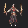 Fantasy Man With White Hair Red Gold Decorated Long Robe Holding Two Golden Weapons