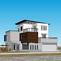 Modern Detached Villa Exterior With White Brown Facade Greenery Waterfront And Blue Sky