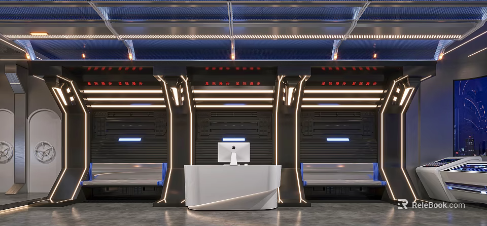 Modern Reception Desk Interior With Hi tech Lighting And Comfortable Seating Arrangement 3d model