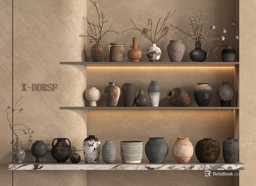Ceramic Vessels in Various Shapes Displayed on Shelves With Beige Wall Lighting and Decorative Plants 3d model 