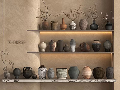 Ceramic Vessels in Various Shapes Displayed on Shelves With Beige Wall Lighting and Decorative Plants 3d model
