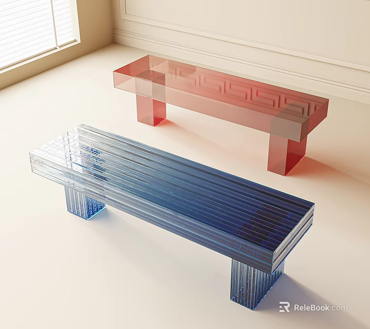 Transparent Blue And Red Benches In Bright Indoor Space With Natural Light 3d model 