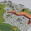 Lush Green Park Landscape With Basketball Court Amphitheater Water Pools And Walking Paths