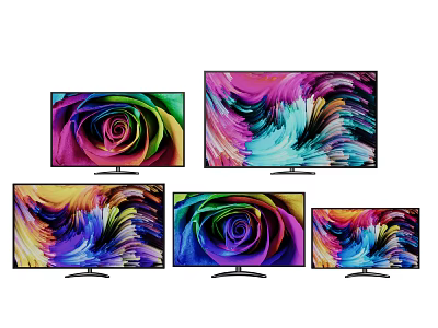 Multiple Size TVs With Colorful Screens Displaying Rose And Abstract Patterns 3d model