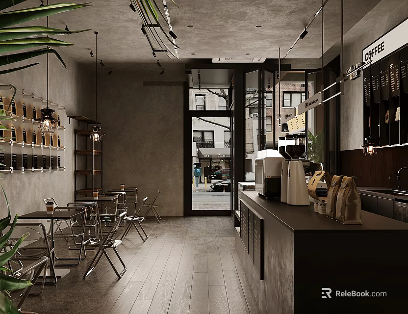 Modern Café Interior Design With Wooden Floors Tables Chairs Coffee Counter And Plants 3d model 