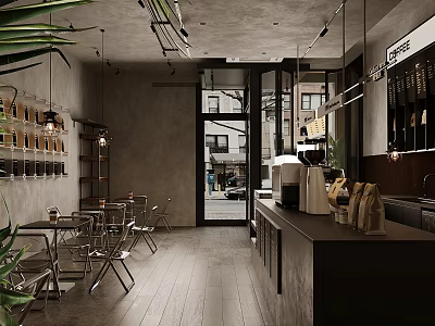 Modern Café Interior Design With Wooden Floors Tables Chairs Coffee Counter And Plants 3d model