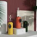 Colorful Daily Use Appliances on White Marble Countertop with Red Striped Wall and Green Plants