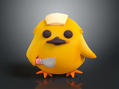 Yellow Chick Toy With White Hat Holding Pink Cup And Silver Spoon 3d model