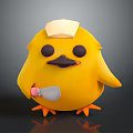 Yellow Chick Toy With White Hat Holding Pink Cup And Silver Spoon