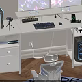 Modern White Gaming Desk With Dual Monitors Keyboard Mouse RGB Lighting And PC Case