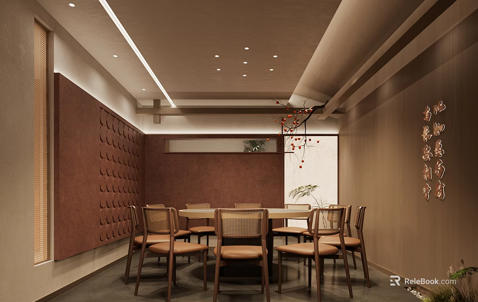 Private Dining Room Featuring Round Wooden Table Comfortable Chairs Decorative Brown Wall And Ceiling Lights 3d model 