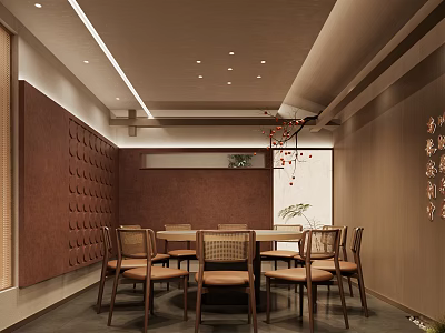 Private Dining Room Featuring Round Wooden Table Comfortable Chairs Decorative Brown Wall And Ceiling Lights 3d model