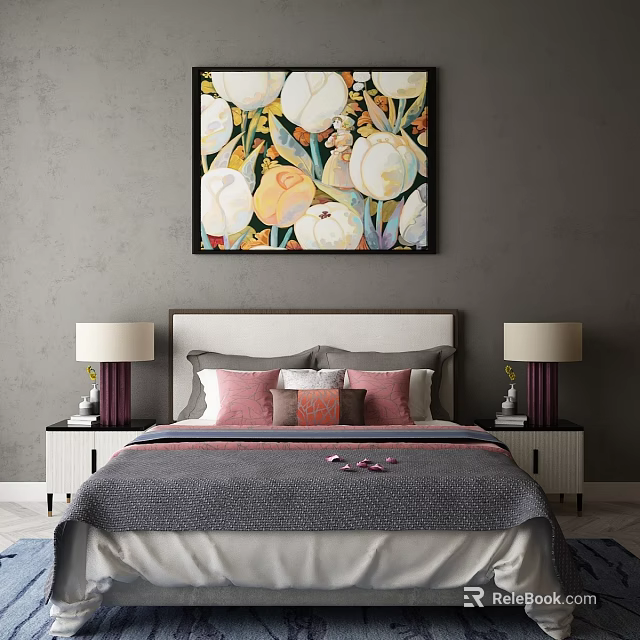 Double Bed with Colorful Floral Painting Pink Grey Pillows and Side Tables with Lamps 3d model 