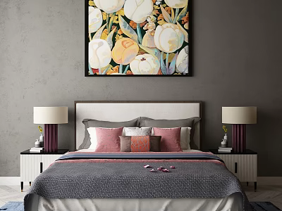 Double Bed with Colorful Floral Painting Pink Grey Pillows and Side Tables with Lamps 3d model