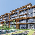 Modern Townhouse Exterior Design With Balconies Swimming Pool And Lush Greenery