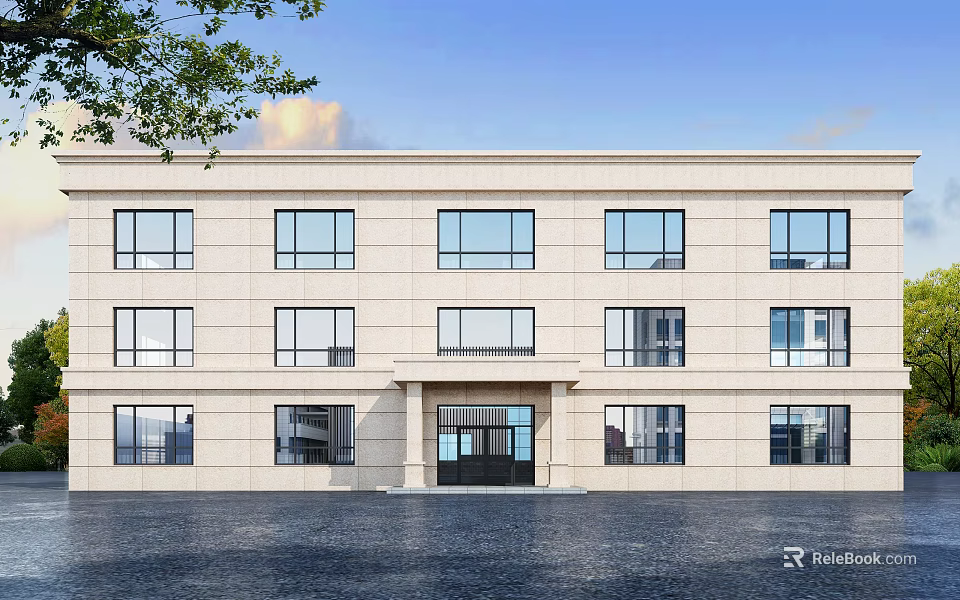 Modern Office Building Exterior Cream Colored Facade Large Windows Black Entrance And Blue Sky 3d model 