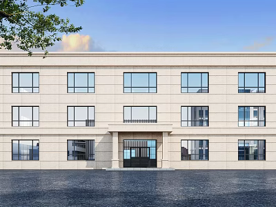 Modern Office Building Exterior Cream Colored Facade Large Windows Black Entrance And Blue Sky 3d model