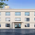 Modern Office Building Exterior Cream Colored Facade Large Windows Black Entrance And Blue Sky