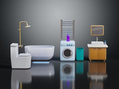 Bathroom Laundry Room Fixtures With Toilet Bathtub Shower Head Radiator Washing Machine Sink and Mirror 3d model