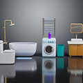 Bathroom Laundry Room Fixtures With Toilet Bathtub Shower Head Radiator Washing Machine Sink and Mirror