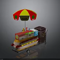 Heavenly Hot Dog Cart With Red Yellow Umbrella Sign And Trash Bin