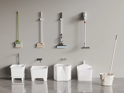 Wall Mounted Cleaning Tools With Mops Brooms Buckets And Mop Sinks 3d model