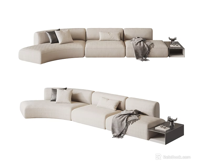Light Colored Asymmetric Sofa With Cushions Blanket And Side Table 3d model