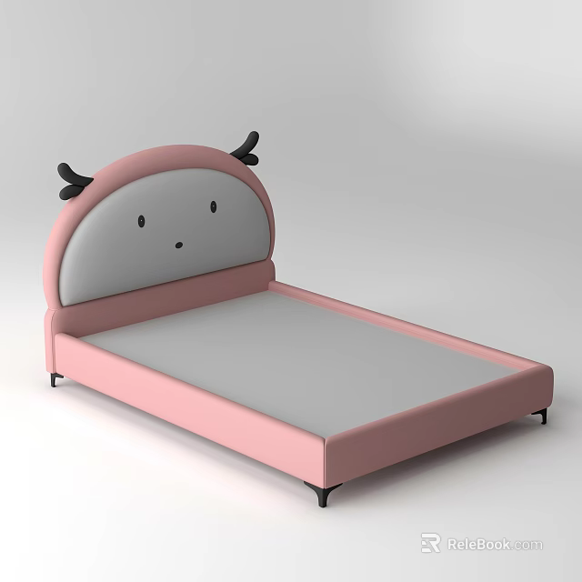Cute Pink Kids Bed With Cartoon Animal Horns Curved Headboard And Gray Mattress 3d model 