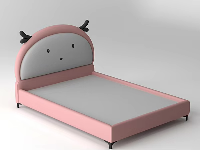 Cute Pink Kids Bed With Cartoon Animal Horns Curved Headboard And Gray Mattress 3d model