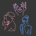 Vibrant Neon Line Art Featuring Female Silhouettes in Pink Yellow Blue on Black Background