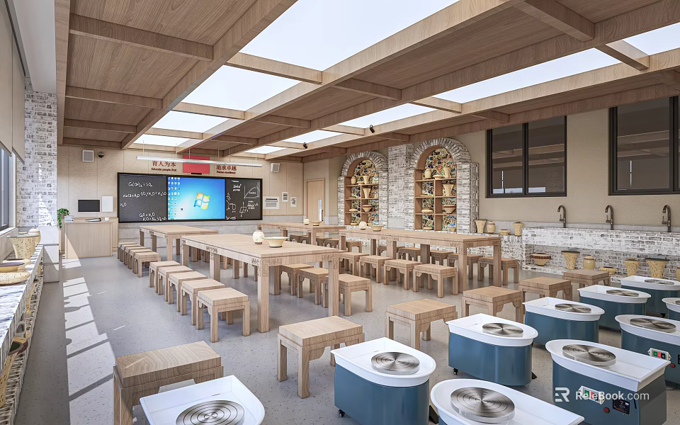 School Kitchen Classroom With Wooden Tables Stools And Equipment 3d model
