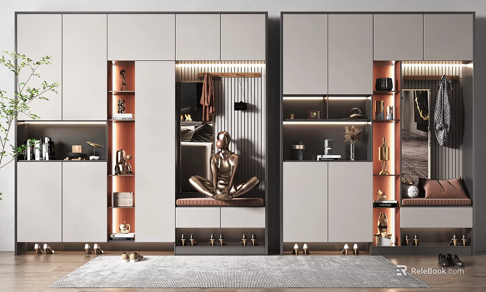 Modern Multifunctional Luxury Shoe Cabinet Design With Gray Metal Accents Storage Lighting And Decor 3d model 