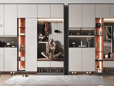 Modern Multifunctional Luxury Shoe Cabinet Design With Gray Metal Accents Storage Lighting And Decor 3d model