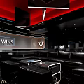 Modern KTV Lounge Interior With Red Black Decor WINS Sign Modern Lighting And Leather Sofas