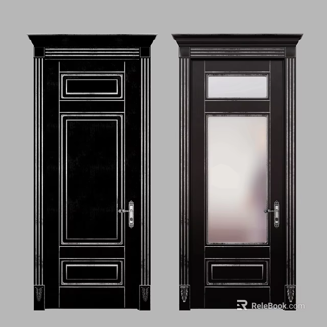 Elegant Black Swing Doors With Decorative Panels And Frosted Glass Design 3d model 