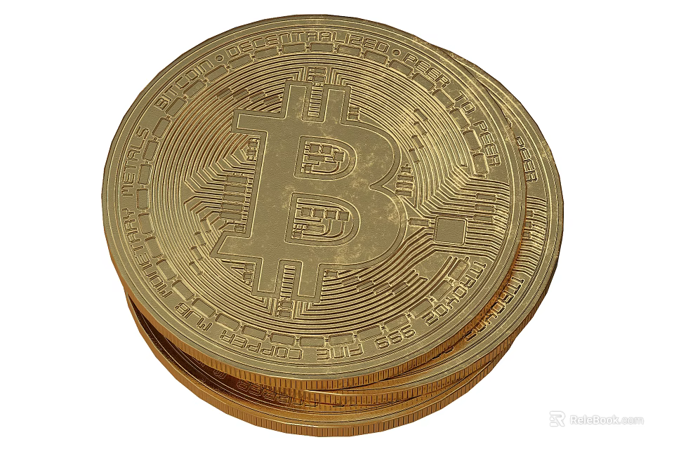 Gold Bitcoin Coin Inspired Jewelry Pieces With Stacked Design And Shiny Gold Finish 3d model 